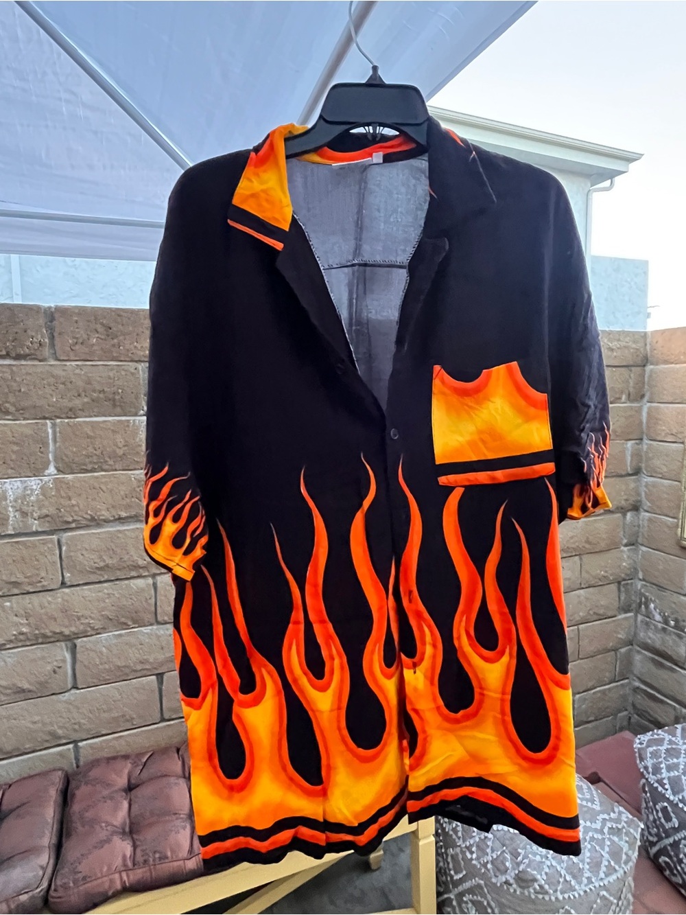 Black Button-Down Shirt with Orange Flame Print